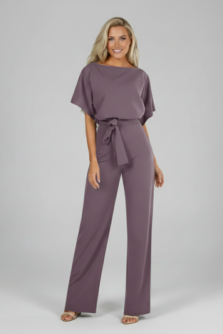 Women's Short Sleeve Jumpsuit with Waist Tie in Grey - View 10.0 | Roselva