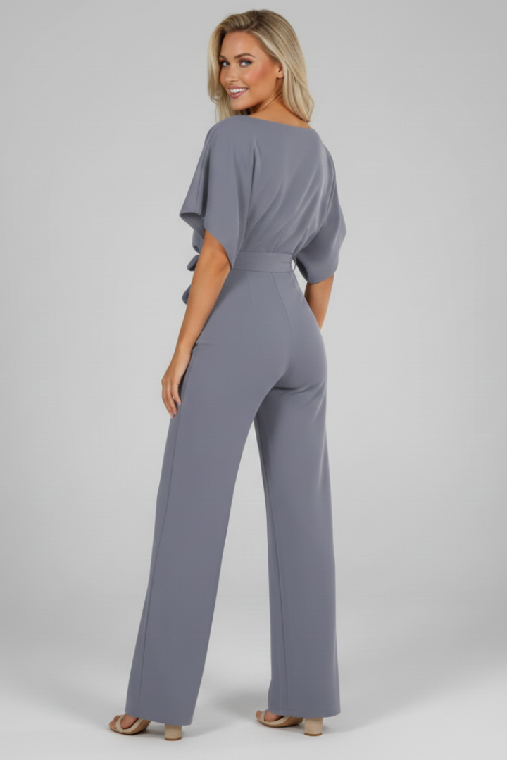 Women's Short Sleeve Jumpsuit with Waist Tie in Grey - View 3.0 | Roselva