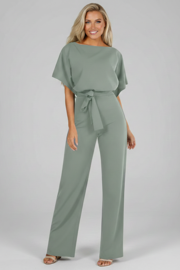 Women's Short Sleeve Jumpsuit with Waist Tie in Grey - View 8.0 | Roselva