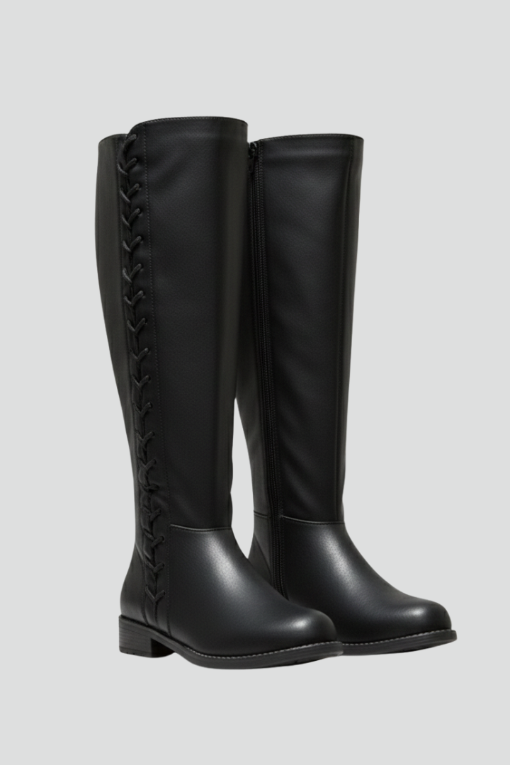 Women's Knee-High Boots with Lace Front and Smooth Shaft in Black | Roselva