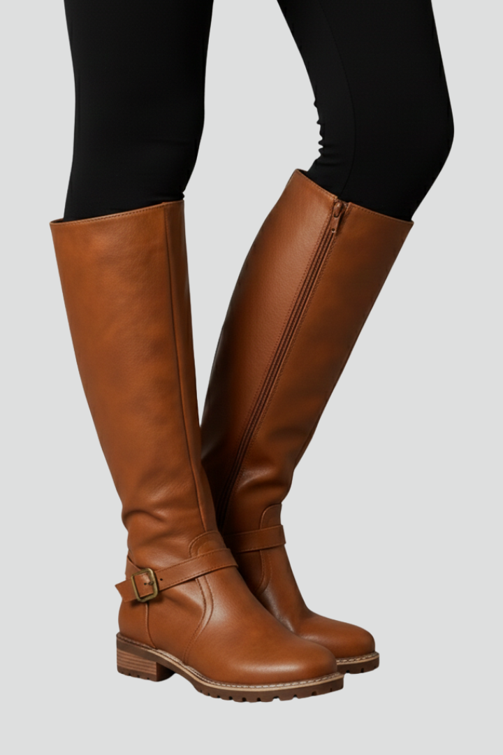 Women's Knee-High Boots with Smooth Finish in Brown - View 2.0 | Roselva