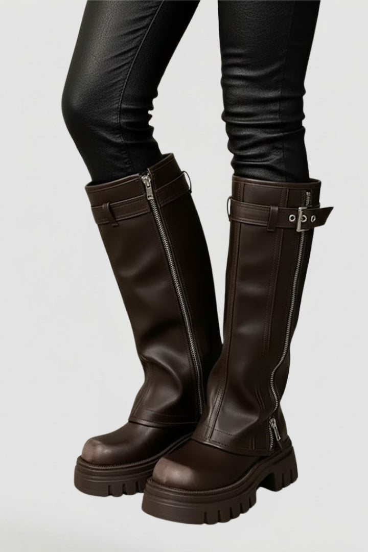 Women's Classic Knee-High Boots with High Shaft and Platform in Brown - View 3.0 | Roselva