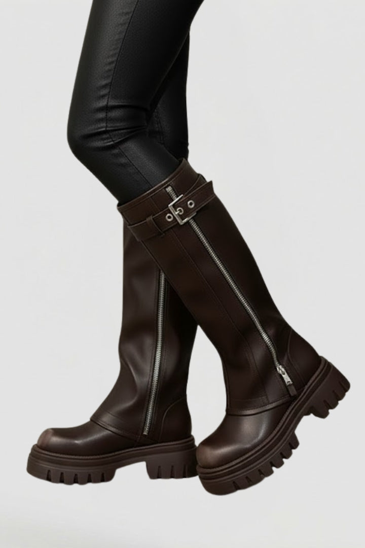 Women's Classic Knee-High Boots with High Shaft and Platform in Brown - View 5.0 | Roselva