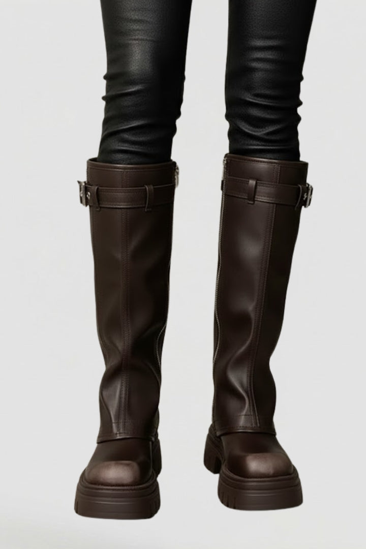 Women's Classic Knee-High Boots with High Shaft and Platform in Brown - View 2.0 | Roselva