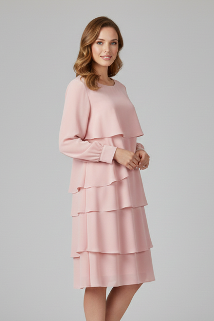 Women’s Long Sleeve Dress with Tiered Skirt in Pink - View 3.0 | Roselva
