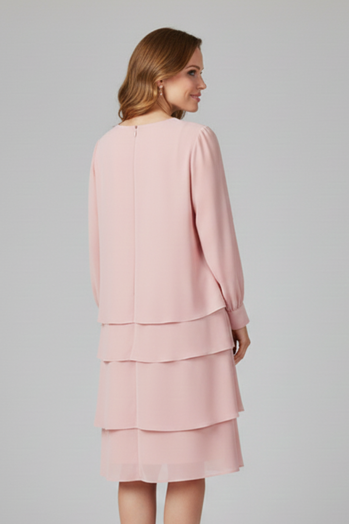 Women’s Long Sleeve Dress with Tiered Skirt in Pink - View 4.0 | Roselva
