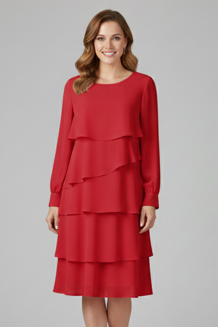 Women’s Long Sleeve Dress with Tiered Skirt in Pink - View 7.0 | Roselva