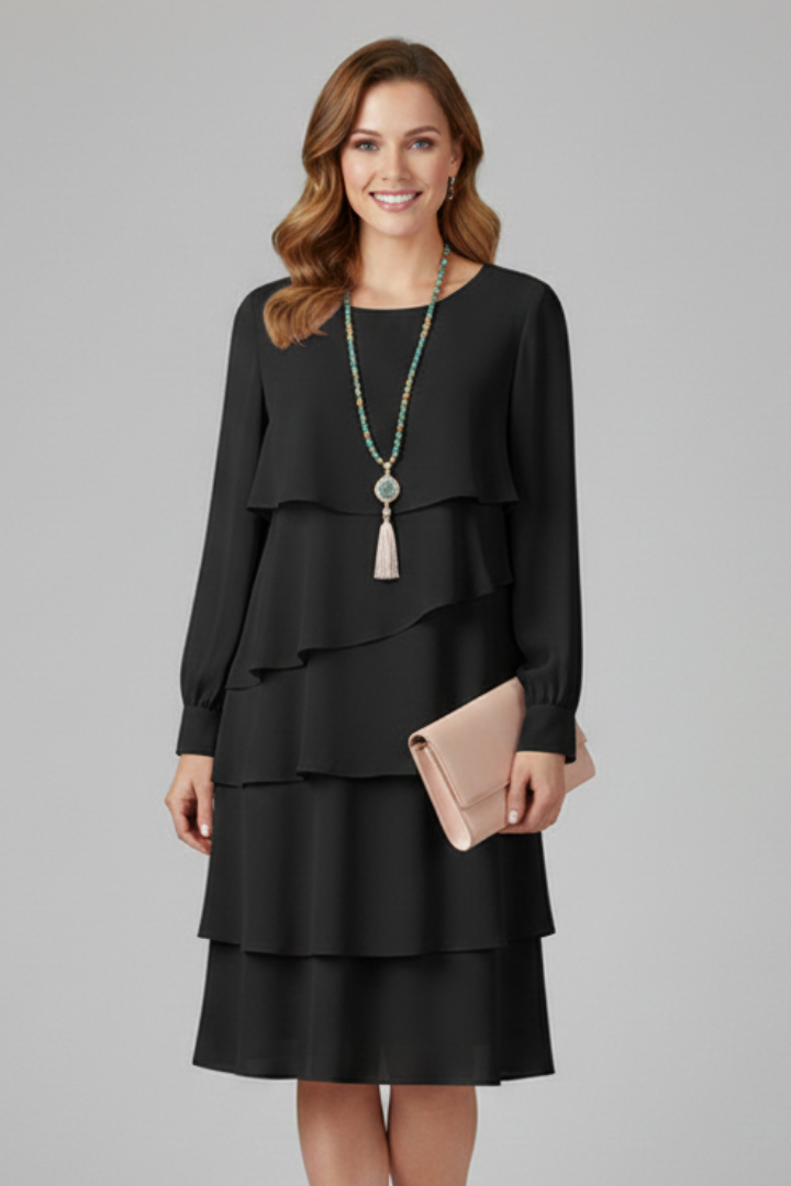 Women’s Long Sleeve Dress with Tiered Skirt in Pink - View 6.0 | Roselva