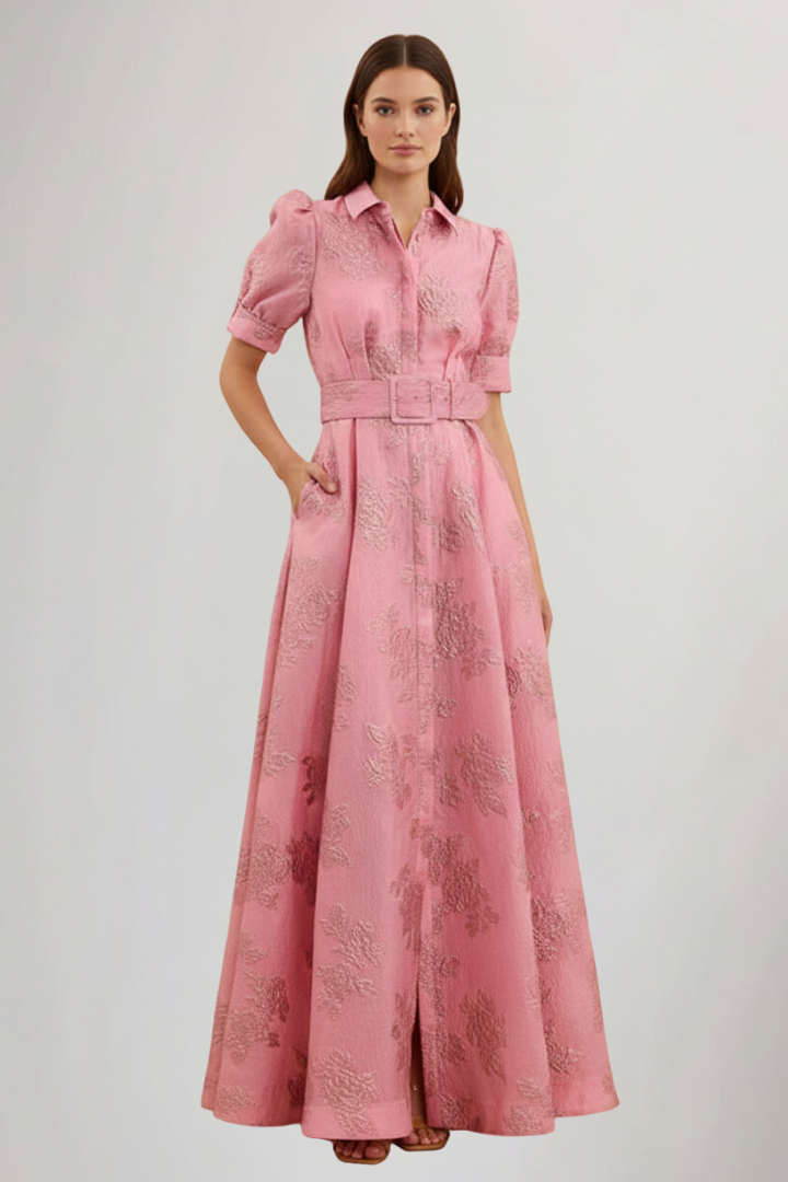 Women's Maxi Dress with Short Sleeves and Waist Belt in Pink - View 2.0 | Roselva