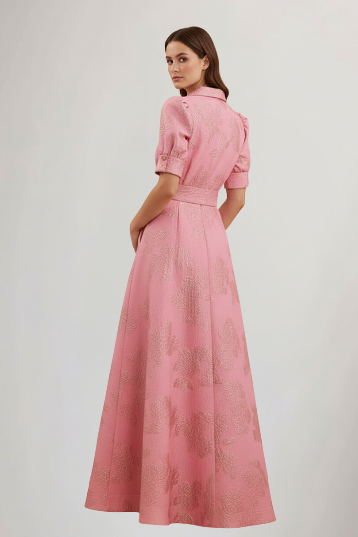 Women's Maxi Dress with Short Sleeves and Waist Belt in Pink - View 3.0 | Roselva