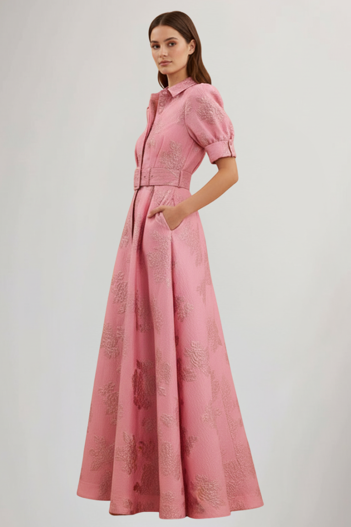 Women's Maxi Dress with Short Sleeves and Waist Belt in Pink - View 4.0 | Roselva