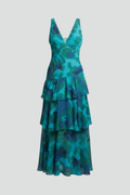 Women's Maxi Dress with Layered Skirt and V-Neck