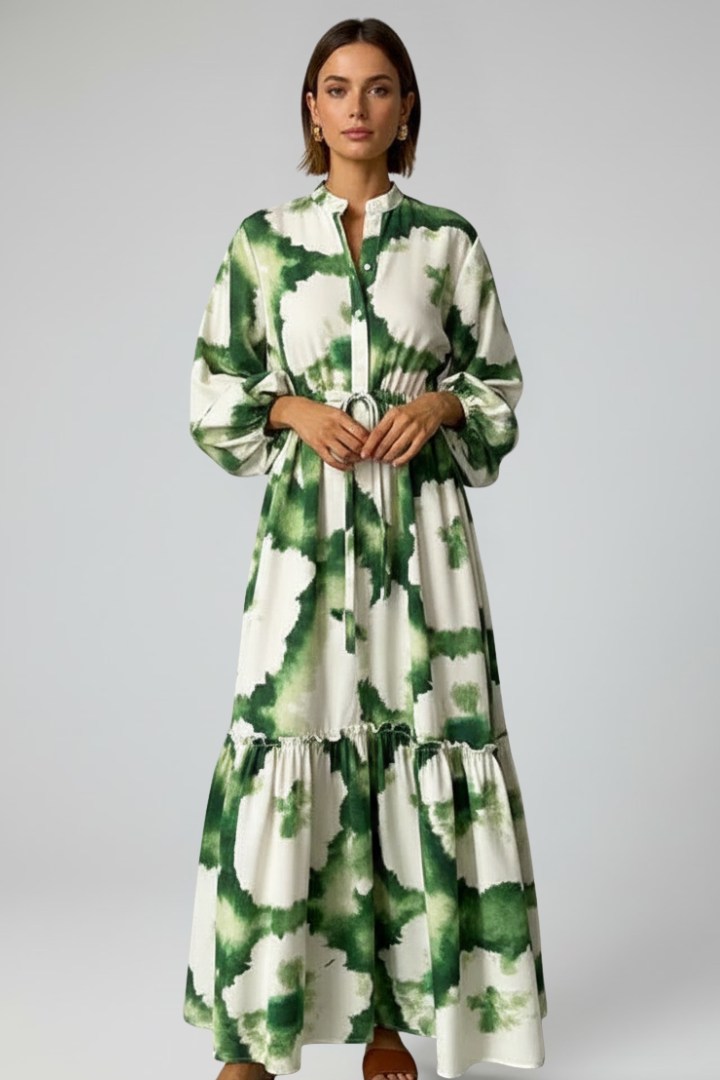 Women's Maxi Dress with V-Neck and Long Sleeves in Green - View 2.0 | Roselva
