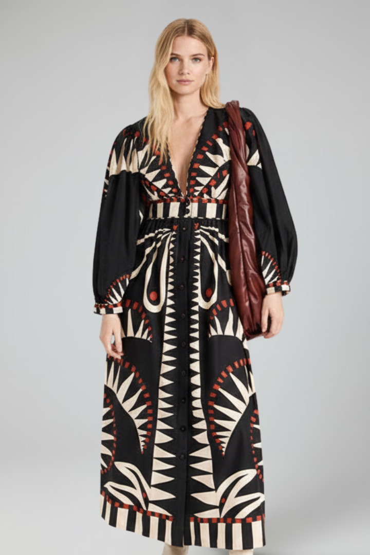 Women's Maxi Dress with V-Neck and Long Sleeves in Green - View 9.0 | Roselva