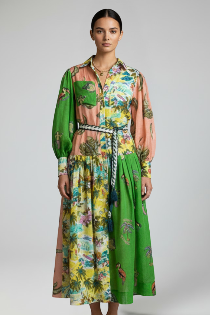 Women's Maxi Dress with V-Neck and Long Sleeves in Green - View 6.0 | Roselva