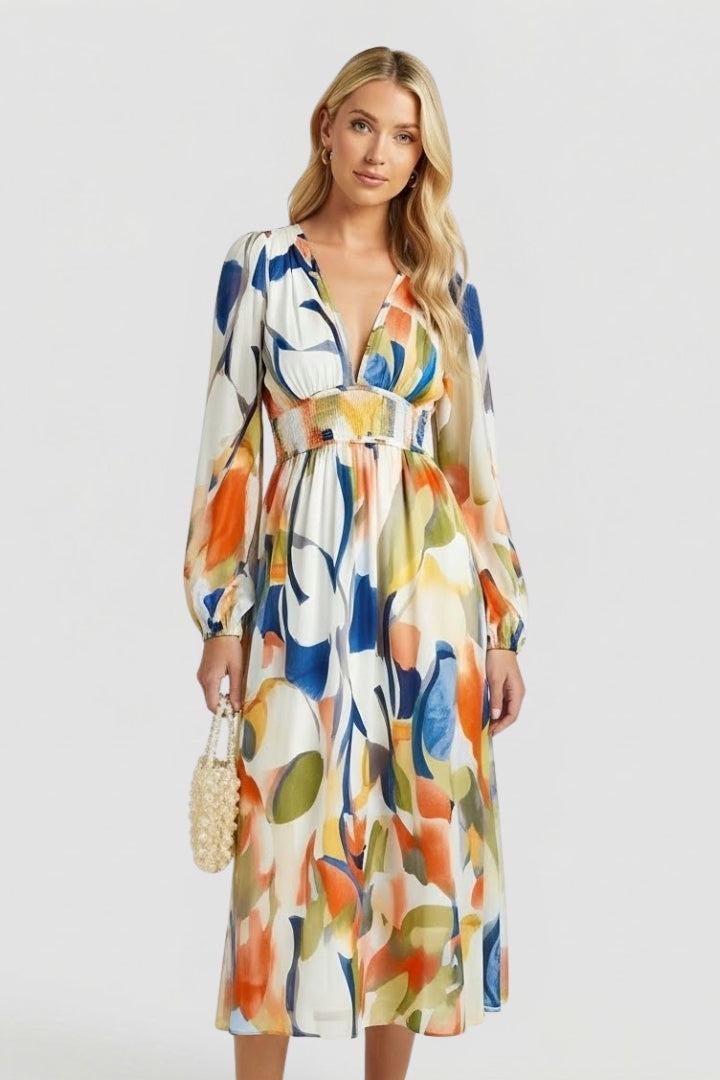 Women's Dress with V-Neck and Floral Print in Green - View 14.0 | Roselva