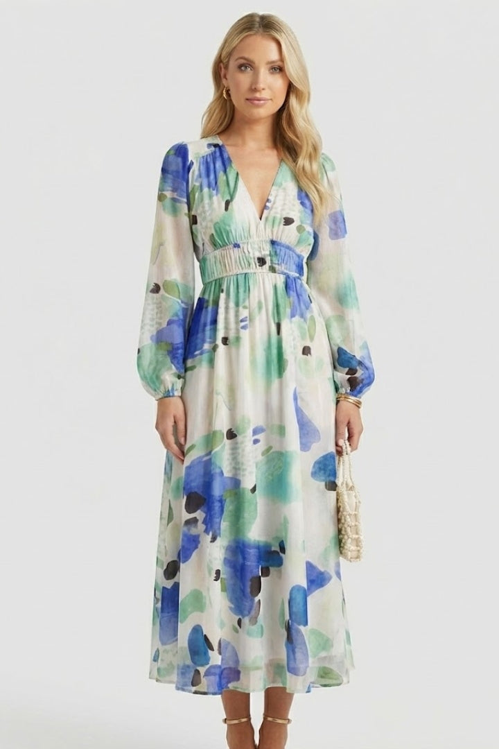 Women's Dress with V-Neck and Floral Print in Green - View 9.0 | Roselva