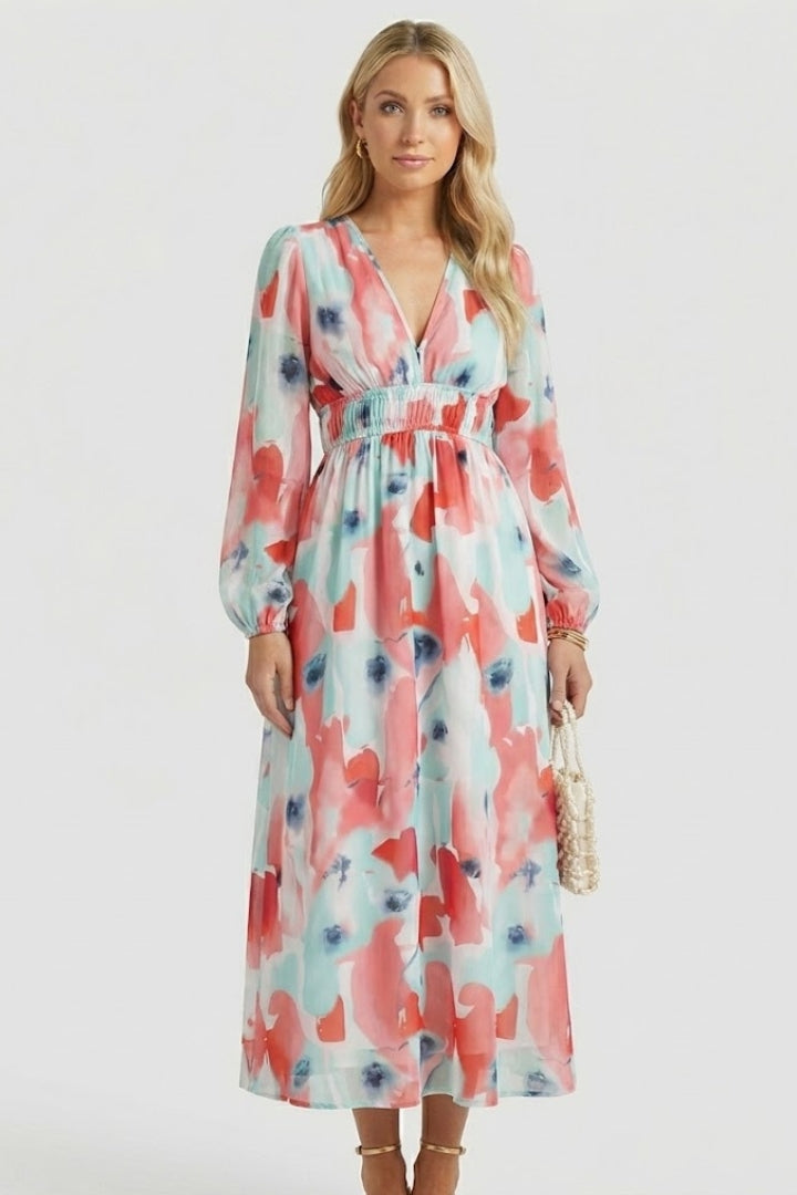Women's Dress with V-Neck and Floral Print in Green - View 13.0 | Roselva
