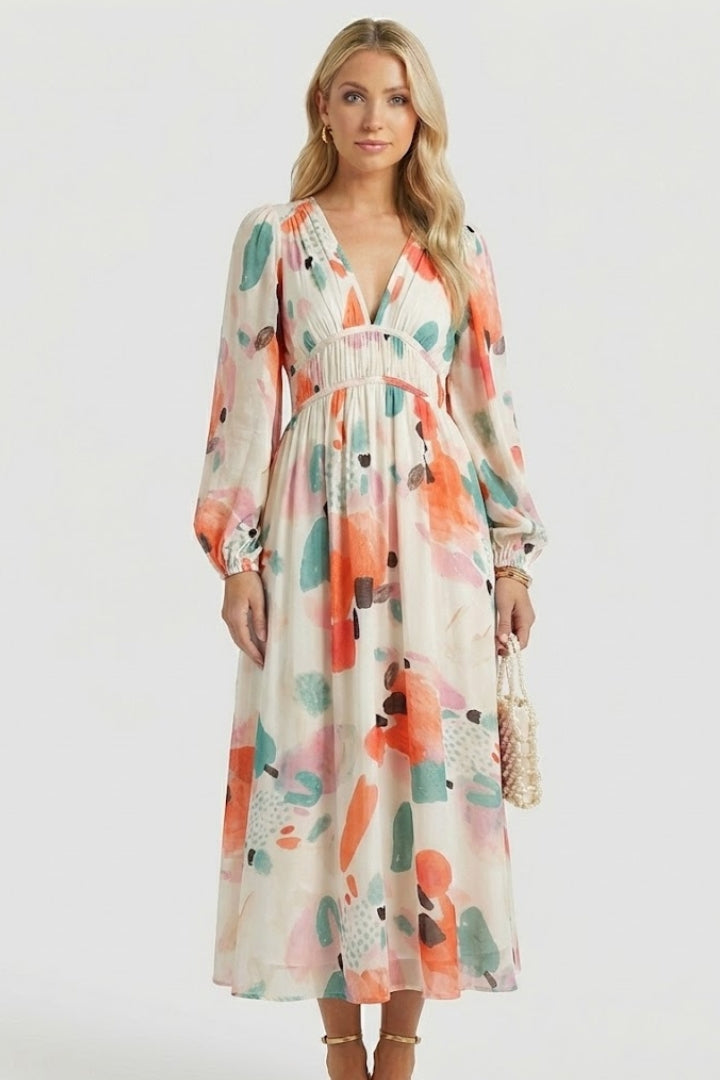 Women's Dress with V-Neck and Floral Print in Green - View 16.0 | Roselva