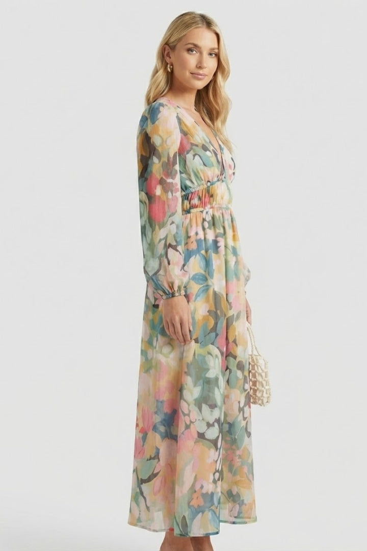 Women's Dress with V-Neck and Floral Print in Green - View 4.0 | Roselva