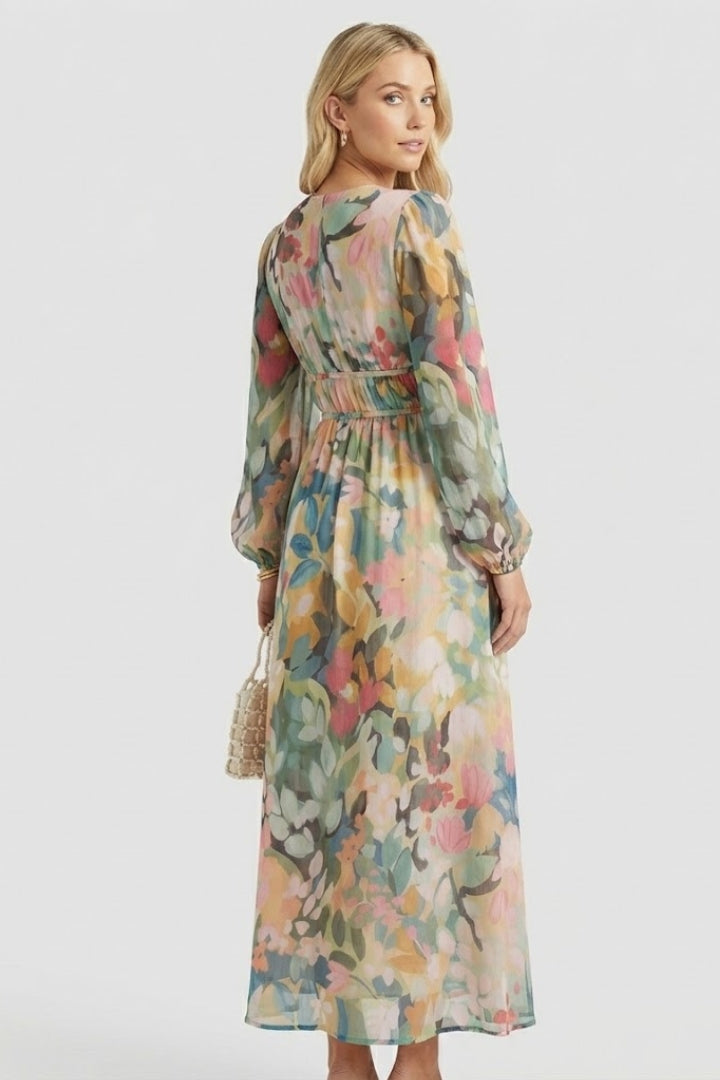 Women's Dress with V-Neck and Floral Print in Green - View 6.0 | Roselva