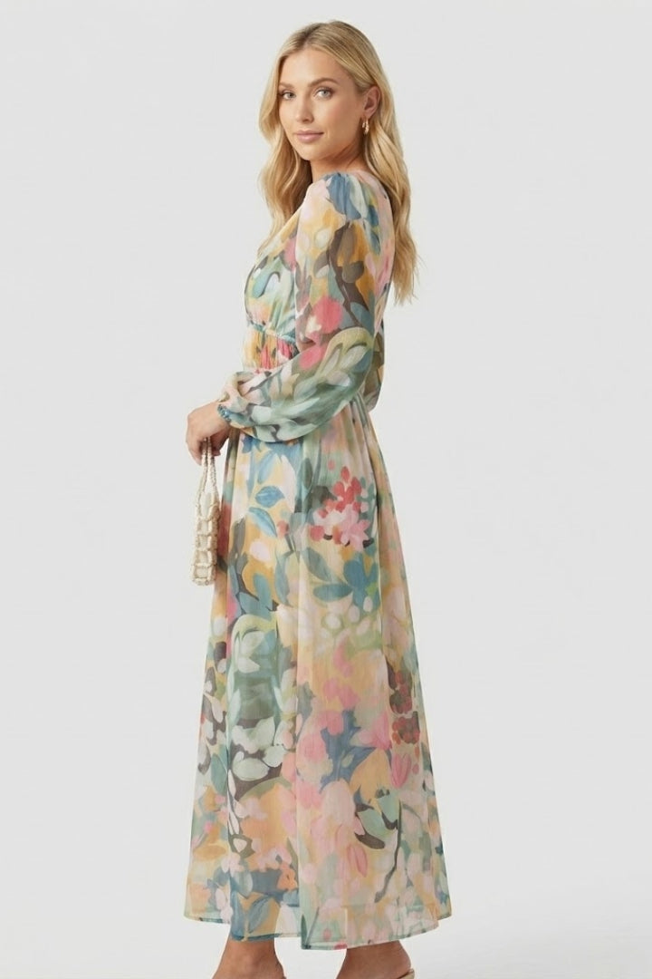 Women's Dress with V-Neck and Floral Print in Green - View 5.0 | Roselva