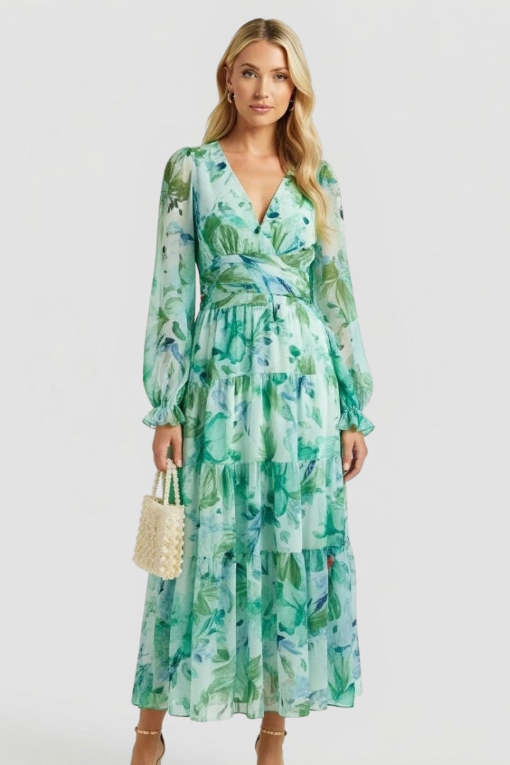 Women's Dress with V-Neck and Floral Print in Green - View 19.0 | Roselva