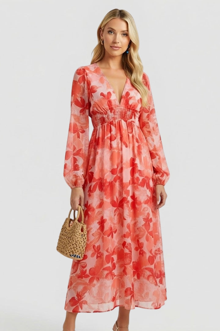 Women's Dress with V-Neck and Floral Print in Green - View 15.0 | Roselva