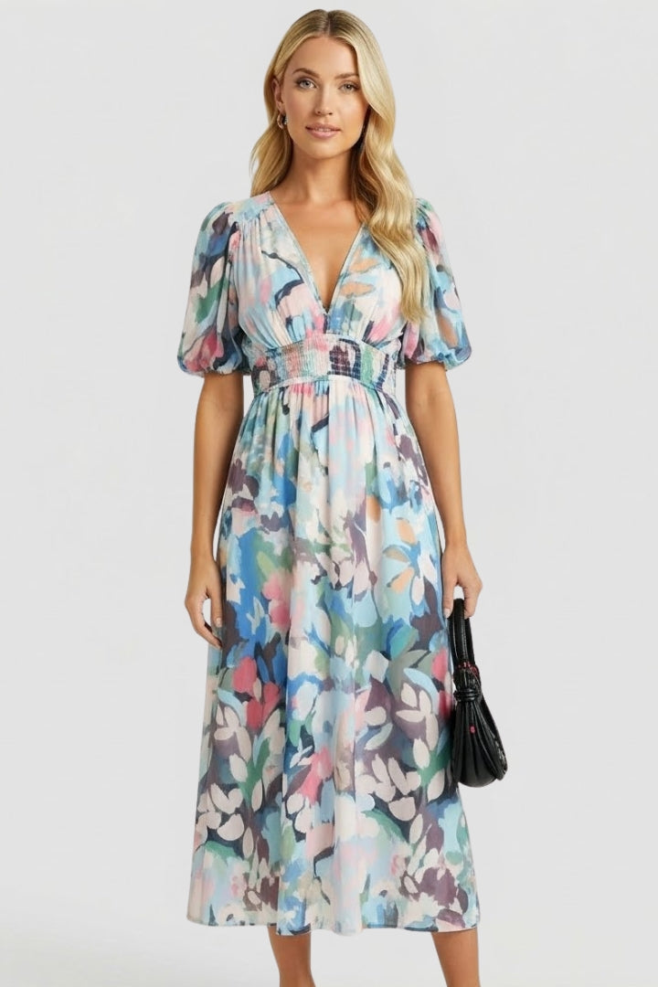Women's Dress with V-Neck and Floral Print in Green - View 7.0 | Roselva