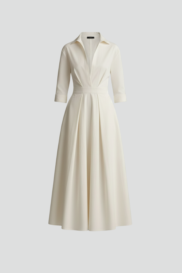 Women's Midi Dress with Defined Waist in Beige | Roselva