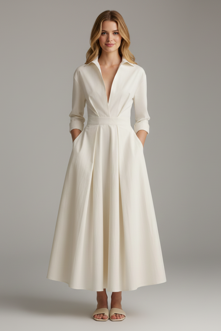 Women's Midi Dress with Defined Waist in Beige - View 2.0 | Roselva