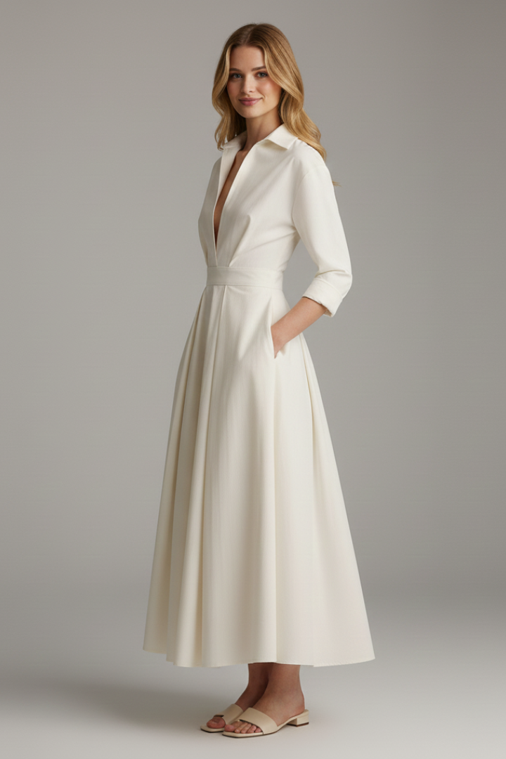 Women's Midi Dress with Defined Waist in Beige - View 3.0 | Roselva