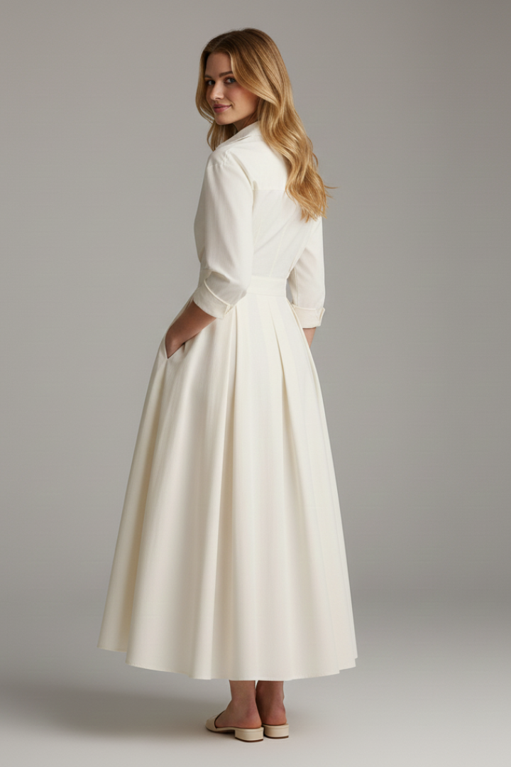 Women's Midi Dress with Defined Waist in Beige - View 4.0 | Roselva