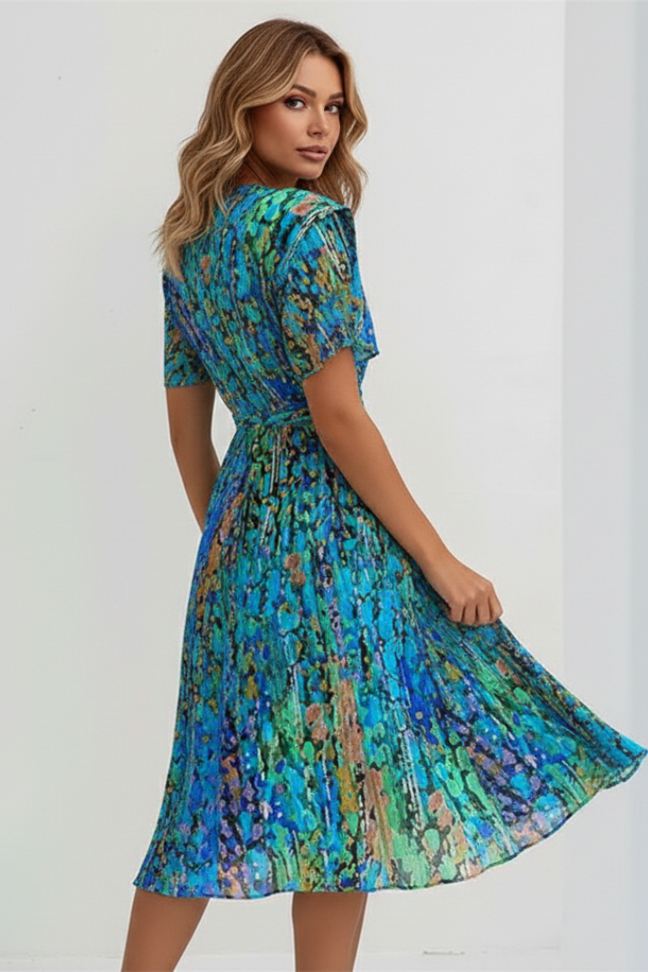 Women's Midi Dress with V-Neck with Floral Pattern