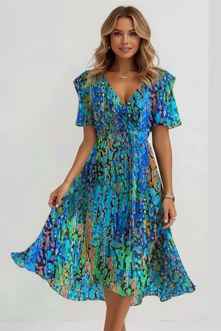 Women's Midi Dress with V-Neck with Floral Pattern