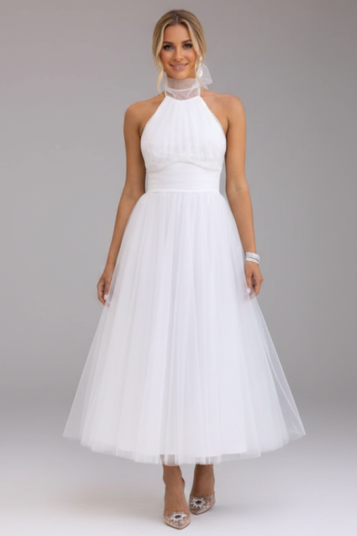 Women's Midi Dress with Halter Neckline and Layered Skirt