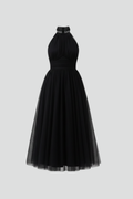 Women's Midi Dress with Halter Neckline and Layered Skirt