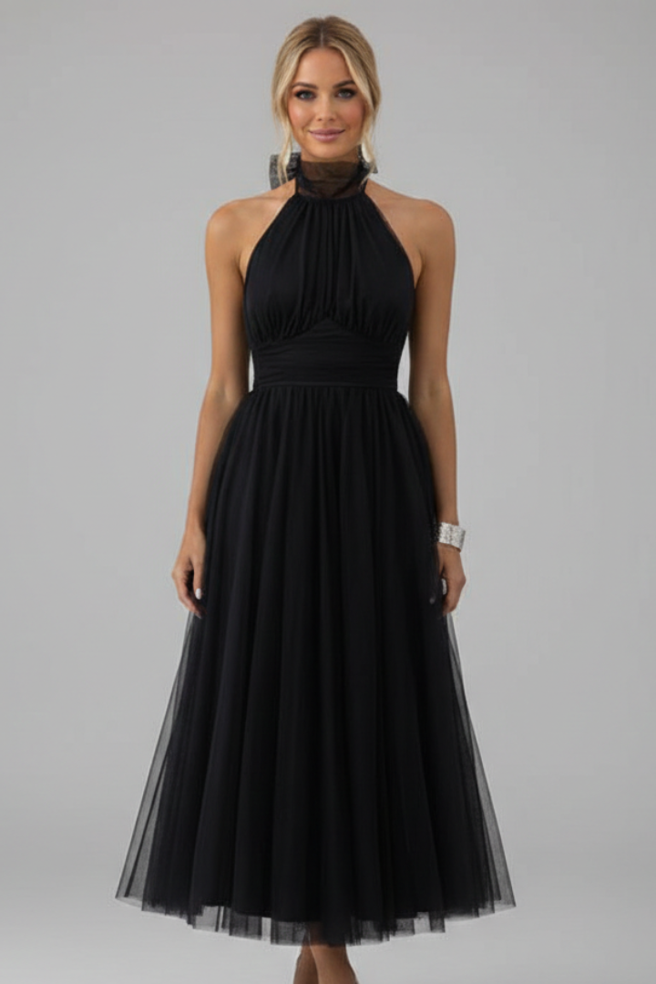Women's Midi Dress with Halter Neckline and Layered Skirt