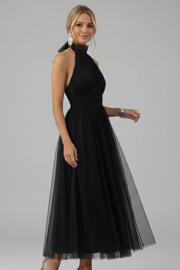 Women's Midi Dress with Halter Neckline and Layered Skirt