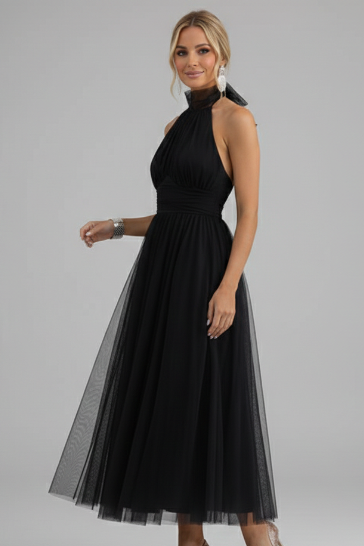 Women's Midi Dress with Halter Neckline and Layered Skirt