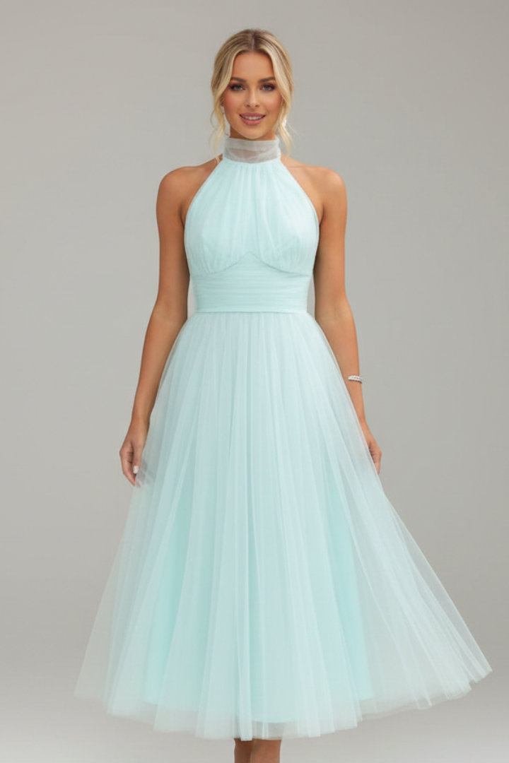Women's Midi Dress with Halter Neckline and Layered Skirt