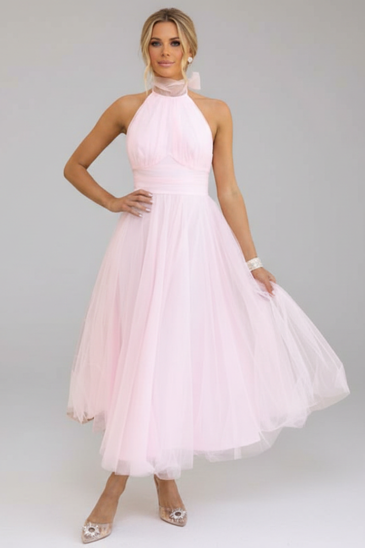 Women's Midi Dress with Halter Neckline and Layered Skirt