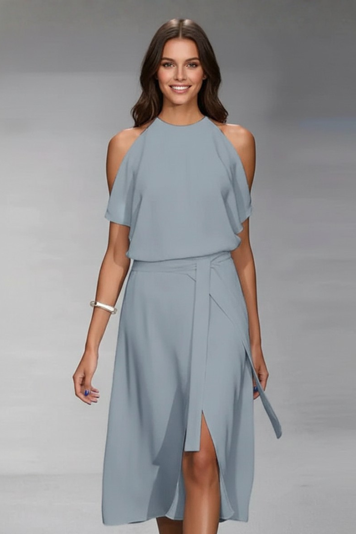 Women's Midi Dress with Halter Neckline and Asymmetric Hem