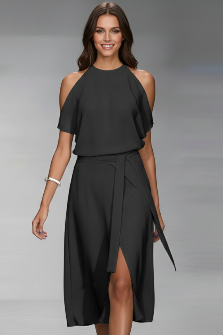 Women's Midi Dress with Halter Neckline and Asymmetric Hem