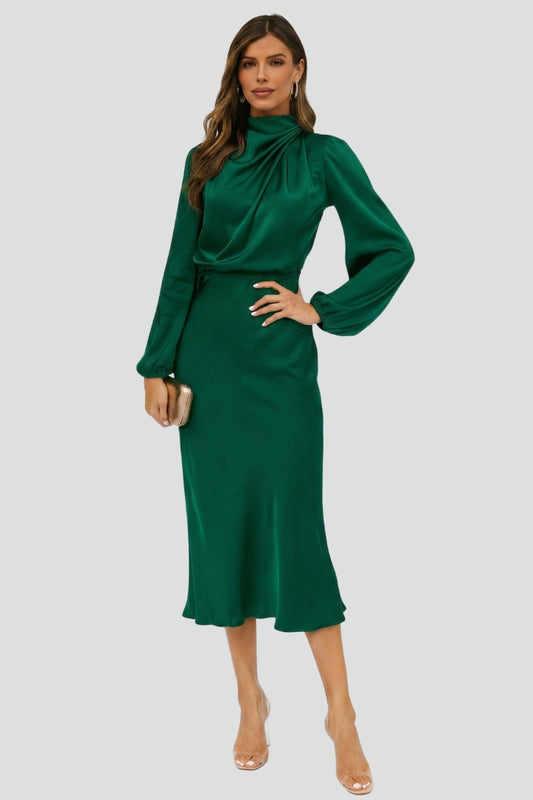 Women's Midi Dress with High Neckline and Long Sleeves in Green - View 2.0 | Roselva