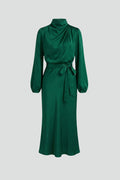 Women's Midi Dress with High Neckline and Long Sleeves