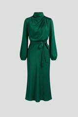Women's Midi Dress with High Neckline and Long Sleeves