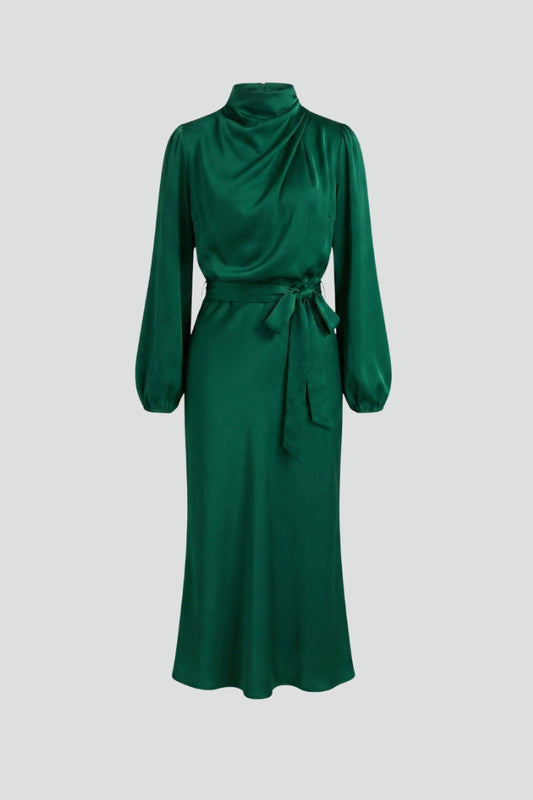 Women's Midi Dress with High Neckline and Long Sleeves in Green | Roselva