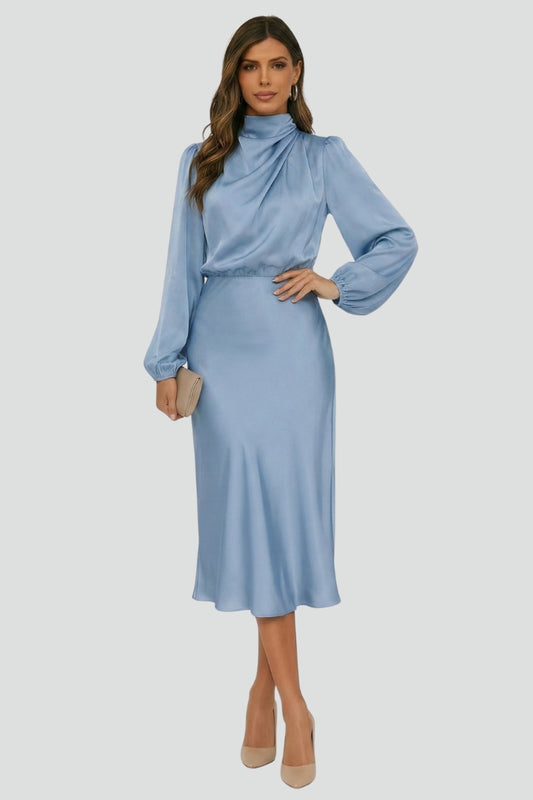Women's Midi Dress with High Neckline and Long Sleeves in Green - View 7.0 | Roselva