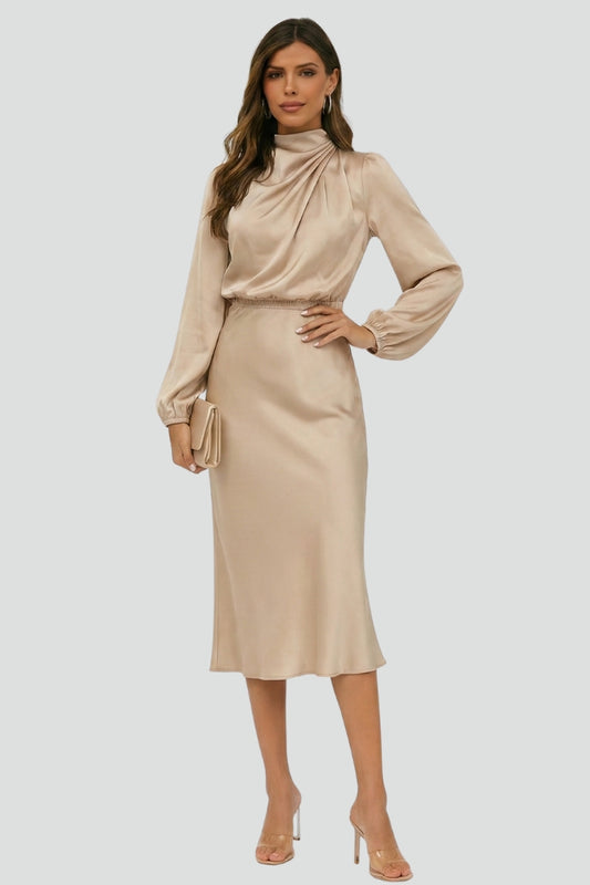 Women's Midi Dress with High Neckline and Long Sleeves in Green - View 6.0 | Roselva